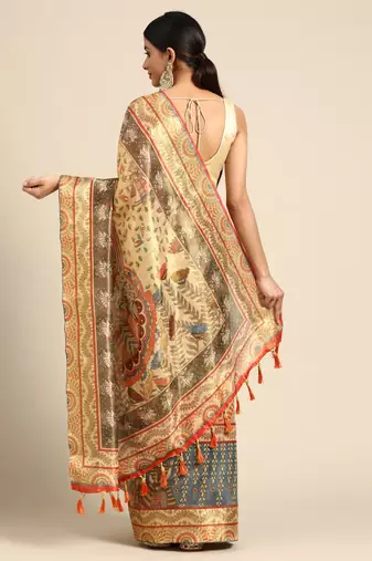Digital Print Rapier Jequared Saree With Unstitched Blouse And Beautiful Multicoloured Thred Work At Pallu
