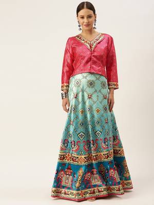Bandhni Patola Type Digital Print Shiney Satin Croptop Lehenga Choli With Unstitched Blouse For Women and Girls 1