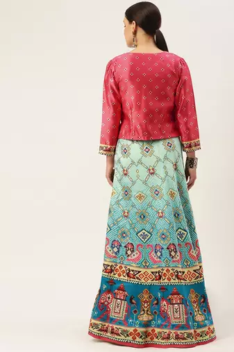 Bandhni Patola Type Digital Print Shiney Satin Croptop Lehenga Choli With Unstitched Blouse For Women and Girls