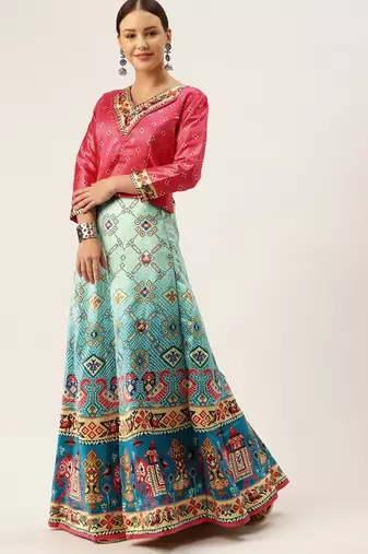Bandhni Patola Type Digital Print Shiney Satin Croptop Lehenga Choli With Unstitched Blouse For Women and Girls