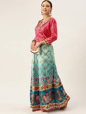 Bandhni Patola Type Digital Print Shiney Satin Croptop Lehenga Choli With Unstitched Blouse For Women and Girls 4