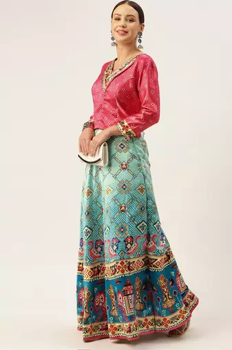 Bandhni Patola Type Digital Print Shiney Satin Croptop Lehenga Choli With Unstitched Blouse For Women and Girls