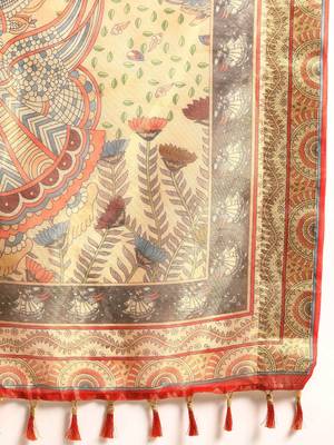 Digital Print Rapier Jequared Saree With Unstitched Blouse And Beautiful Multicoloured Thred Work At Pallu 4