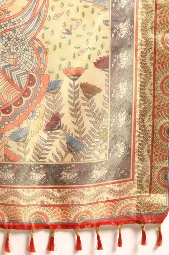 Digital Print Rapier Jequared Saree With Unstitched Blouse And Beautiful Multicoloured Thred Work At Pallu