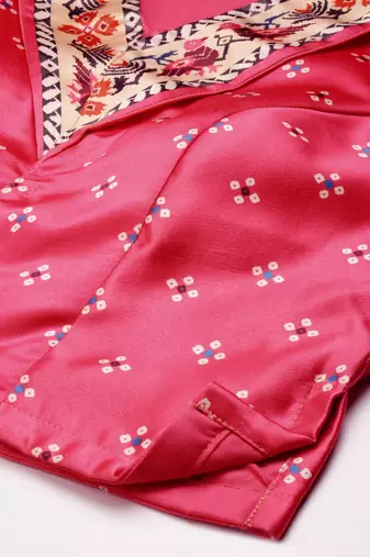 Bandhni Patola Type Digital Print Shiney Satin Croptop Lehenga Choli With Unstitched Blouse For Women and Girls