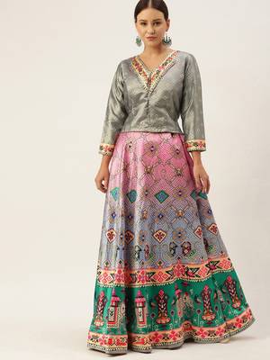 Bandhni Patola Type Digital Print Shiney Satin Croptop Lehenga Choli With Unstitched Blouse For Women and Girls 1