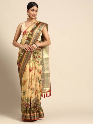 Digital Print Rapier Jequared Saree With Unstitched Blouse And Beautiful Multicoloured Thred Work At Pallu 1