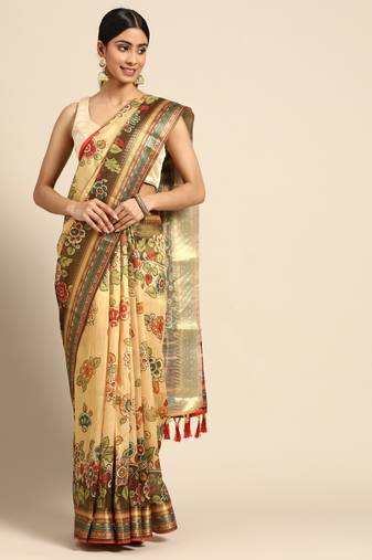 Digital Print Rapier Jequared Saree With Unstitched Blouse And Beautiful Multicoloured Thred Work At Pallu