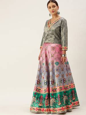 Bandhni Patola Type Digital Print Shiney Satin Croptop Lehenga Choli With Unstitched Blouse For Women and Girls 2