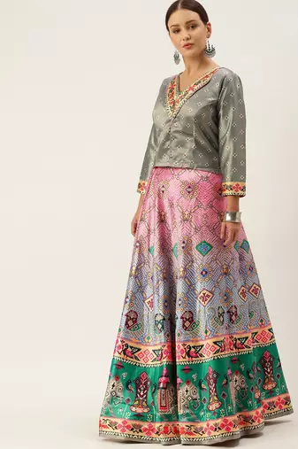Bandhni Patola Type Digital Print Shiney Satin Croptop Lehenga Choli With Unstitched Blouse For Women and Girls