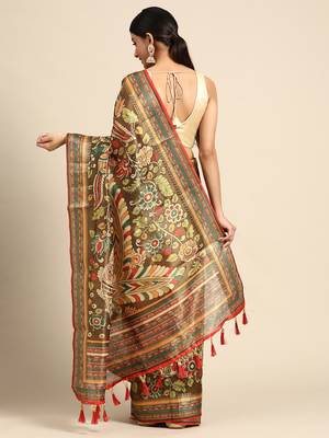 Digital Print Rapier Jequared Saree With Unstitched Blouse And Beautiful Multicoloured Thred Work At Pallu 2