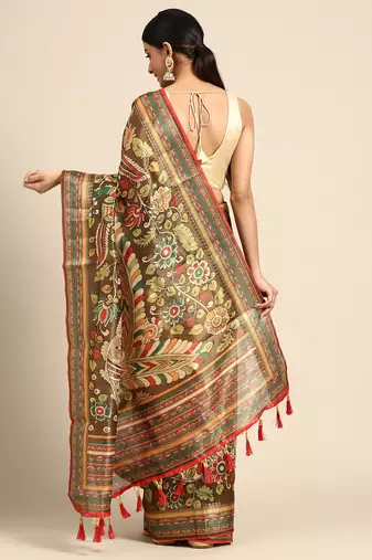 Digital Print Rapier Jequared Saree With Unstitched Blouse And Beautiful Multicoloured Thred Work At Pallu
