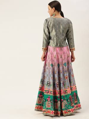 Bandhni Patola Type Digital Print Shiney Satin Croptop Lehenga Choli With Unstitched Blouse For Women and Girls 3