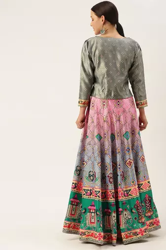 Bandhni Patola Type Digital Print Shiney Satin Croptop Lehenga Choli With Unstitched Blouse For Women and Girls