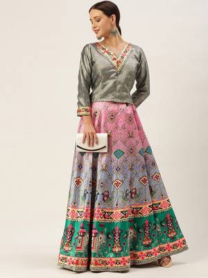 Bandhni Patola Type Digital Print Shiney Satin Croptop Lehenga Choli With Unstitched Blouse For Women and Girls 4