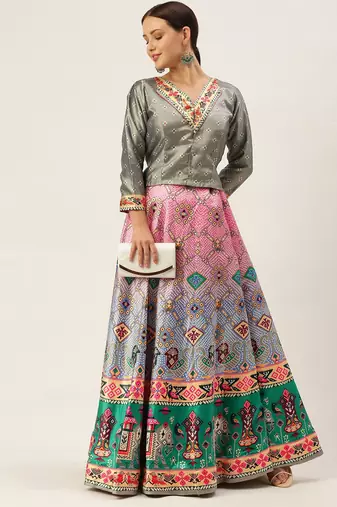 Bandhni Patola Type Digital Print Shiney Satin Croptop Lehenga Choli With Unstitched Blouse For Women and Girls