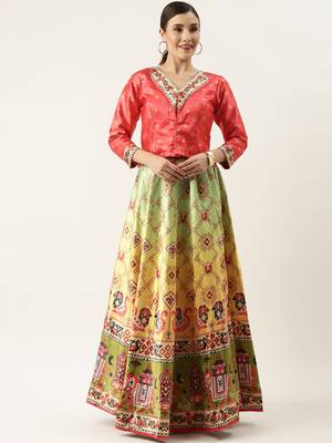 Bandhni Patola Type Digital Print Shiney Satin Croptop Lehenga Choli With Unstitched Blouse For Women and Girls 1
