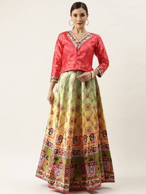 Bandhni Patola Type Digital Print Shiney Satin Croptop Lehenga Choli With Unstitched Blouse For Women and Girls 2