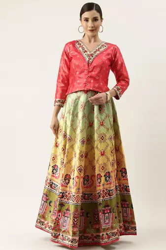 Bandhni Patola Type Digital Print Shiney Satin Croptop Lehenga Choli With Unstitched Blouse For Women and Girls