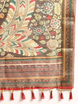 Digital Print Rapier Jequared Saree With Unstitched Blouse And Beautiful Multicoloured Thred Work At Pallu 4