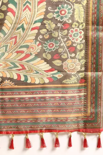 Digital Print Rapier Jequared Saree With Unstitched Blouse And Beautiful Multicoloured Thred Work At Pallu