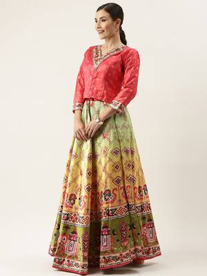 Bandhni Patola Type Digital Print Shiney Satin Croptop Lehenga Choli With Unstitched Blouse For Women and Girls 3
