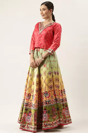 Bandhni Patola Type Digital Print Shiney Satin Croptop Lehenga Choli With Unstitched Blouse For Women and Girls
