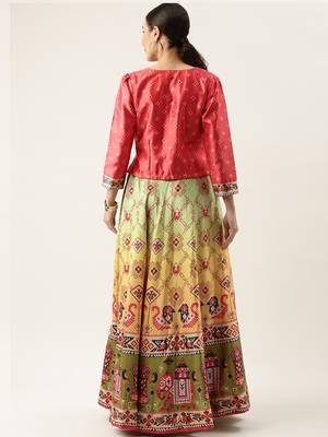 Bandhni Patola Type Digital Print Shiney Satin Croptop Lehenga Choli With Unstitched Blouse For Women and Girls 4