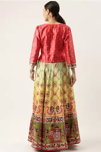 Bandhni Patola Type Digital Print Shiney Satin Croptop Lehenga Choli With Unstitched Blouse For Women and Girls