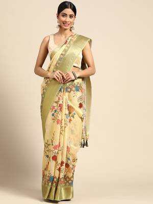 Digital Print Rapier Jequared Saree With Unstitched Blouse And Beautiful Multicoloured Thred Work At Pallu 1