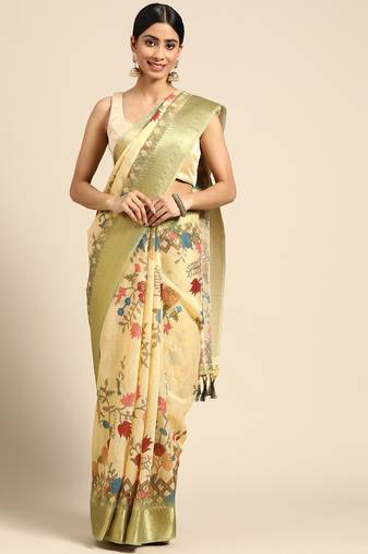 Digital Print Rapier Jequared Saree With Unstitched Blouse And Beautiful Multicoloured Thred Work At Pallu