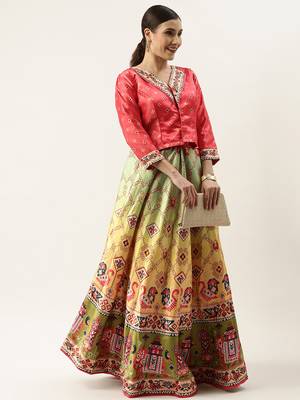 Bandhni Patola Type Digital Print Shiney Satin Croptop Lehenga Choli With Unstitched Blouse For Women and Girls 5