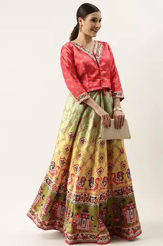 Bandhni Patola Type Digital Print Shiney Satin Croptop Lehenga Choli With Unstitched Blouse For Women and Girls