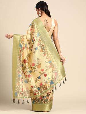 Digital Print Rapier Jequared Saree With Unstitched Blouse And Beautiful Multicoloured Thred Work At Pallu 2