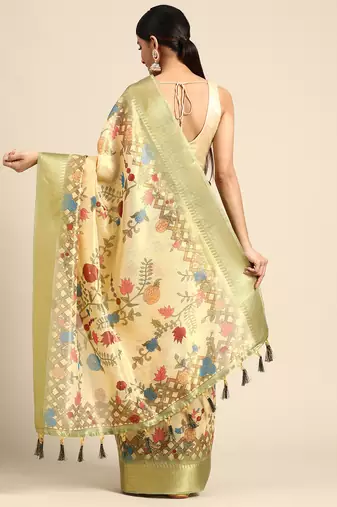 Digital Print Rapier Jequared Saree With Unstitched Blouse And Beautiful Multicoloured Thred Work At Pallu