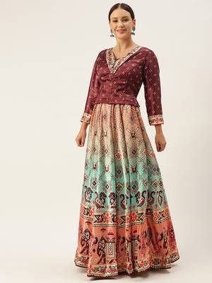 Bandhni Patola Type Digital Print Shiney Satin Croptop Lehenga Choli With Unstitched Blouse For Women and Girls 1