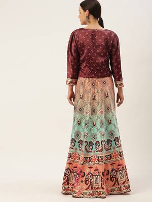 Bandhni Patola Type Digital Print Shiney Satin Croptop Lehenga Choli With Unstitched Blouse For Women and Girls 2