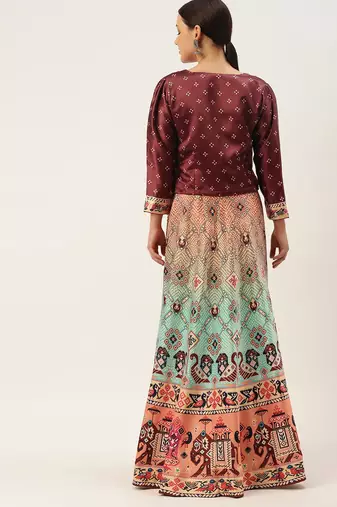 Bandhni Patola Type Digital Print Shiney Satin Croptop Lehenga Choli With Unstitched Blouse For Women and Girls