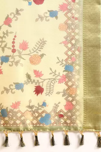 Digital Print Rapier Jequared Saree With Unstitched Blouse And Beautiful Multicoloured Thred Work At Pallu