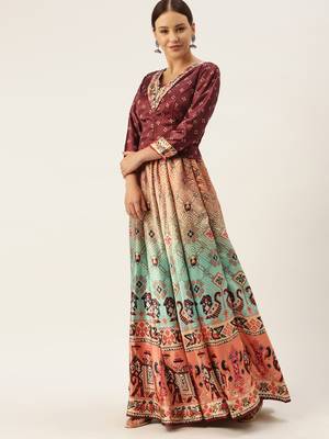 Bandhni Patola Type Digital Print Shiney Satin Croptop Lehenga Choli With Unstitched Blouse For Women and Girls 3