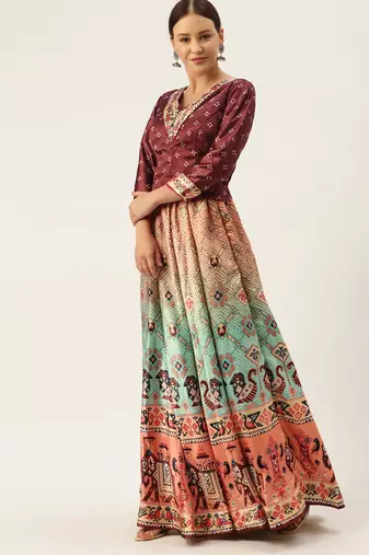 Bandhni Patola Type Digital Print Shiney Satin Croptop Lehenga Choli With Unstitched Blouse For Women and Girls