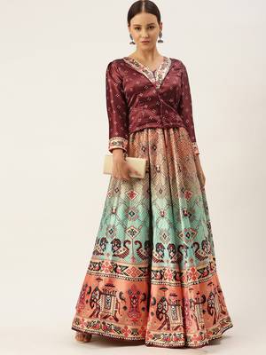 Bandhni Patola Type Digital Print Shiney Satin Croptop Lehenga Choli With Unstitched Blouse For Women and Girls 4