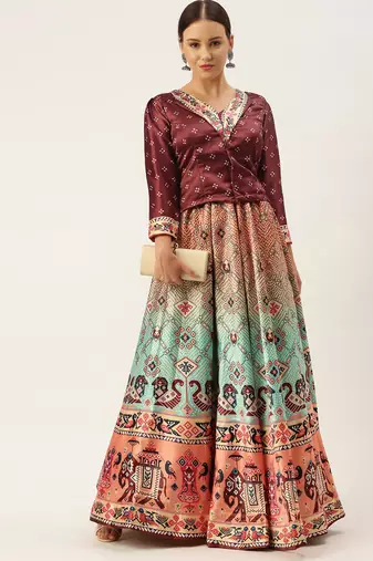Bandhni Patola Type Digital Print Shiney Satin Croptop Lehenga Choli With Unstitched Blouse For Women and Girls