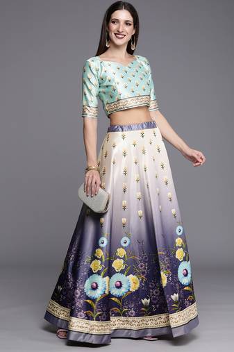 Ethnic Motifs Digital Print Shiney Satin Croptop Lehenga Choli With Unstitched Blouse For Women and Girls