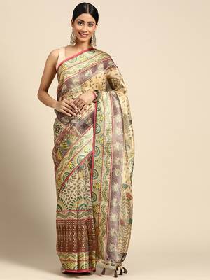 Digital Print Rapier Jequared Saree With Unstitched Blouse And Beautiful Multicoloured Thred Work At Pallu 1