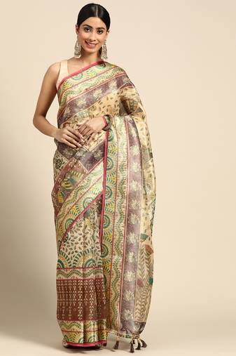 Digital Print Rapier Jequared Saree With Unstitched Blouse And Beautiful Multicoloured Thred Work At Pallu