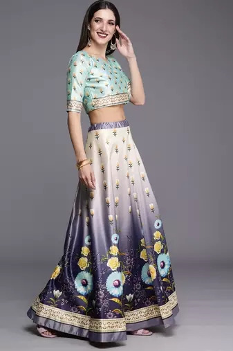 Ethnic Motifs Digital Print Shiney Satin Croptop Lehenga Choli With Unstitched Blouse For Women and Girls