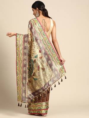 Digital Print Rapier Jequared Saree With Unstitched Blouse And Beautiful Multicoloured Thred Work At Pallu 2
