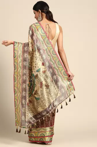 Digital Print Rapier Jequared Saree With Unstitched Blouse And Beautiful Multicoloured Thred Work At Pallu