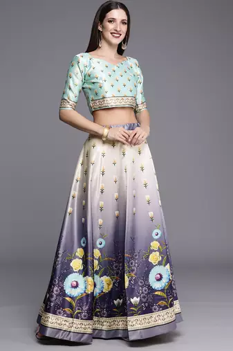 Ethnic Motifs Digital Print Shiney Satin Croptop Lehenga Choli With Unstitched Blouse For Women and Girls